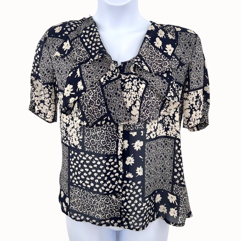 Vintage Fritz & Lloyd Floral Patchwork Blouse Navy Beige Short Slv Ruffle Front